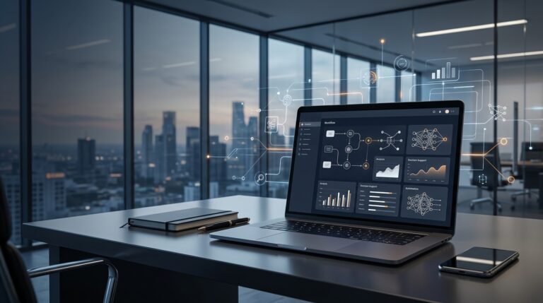 Applied AI for business concept showing a modern laptop, digital workflow dashboards, and automation visuals in a professional office setting for working professionals in 2026.