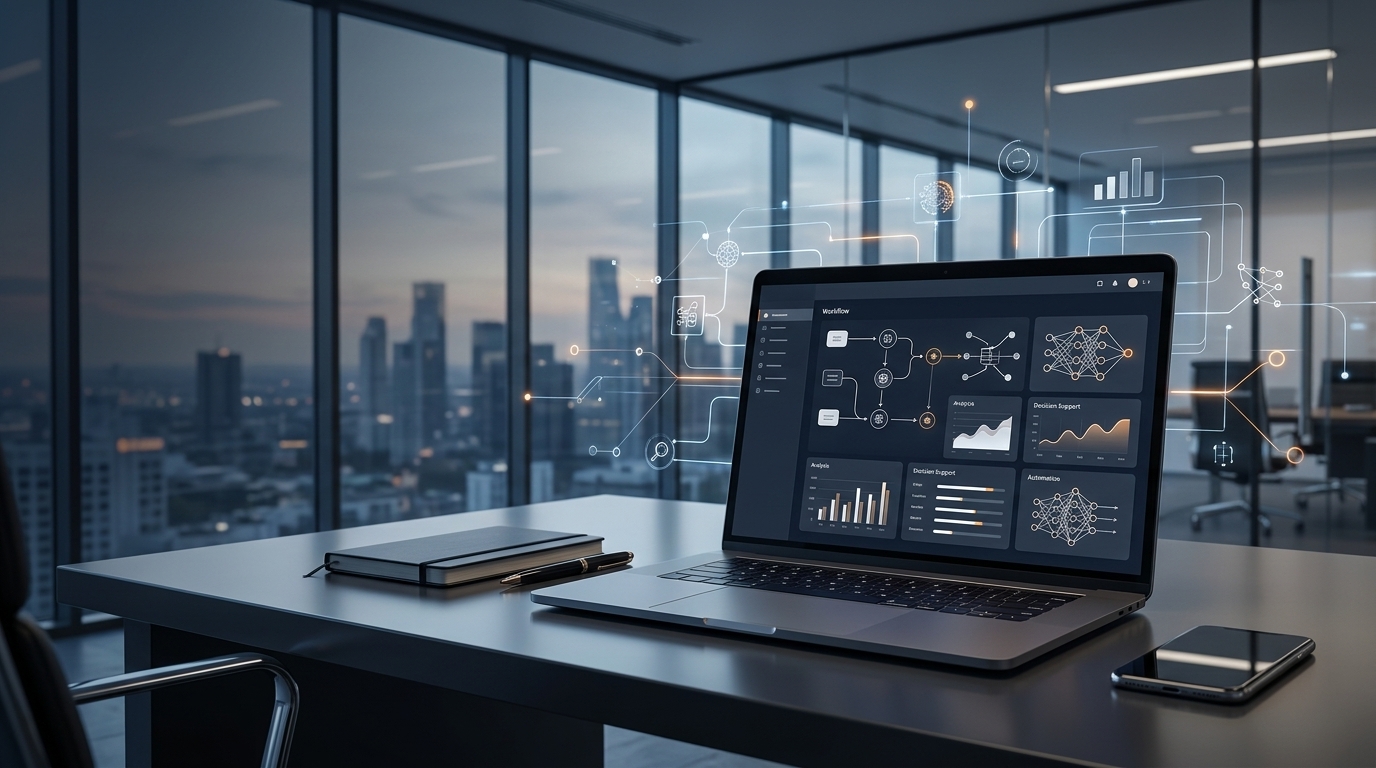 Applied AI for business concept showing a modern laptop, digital workflow dashboards, and automation visuals in a professional office setting for working professionals in 2026.