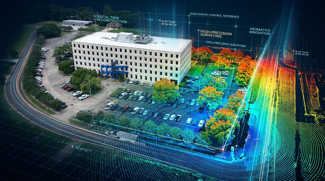 Aerial view of a geomatics lab building with LiDAR point cloud, drone mapping, survey control, and digital twin technology overlays.