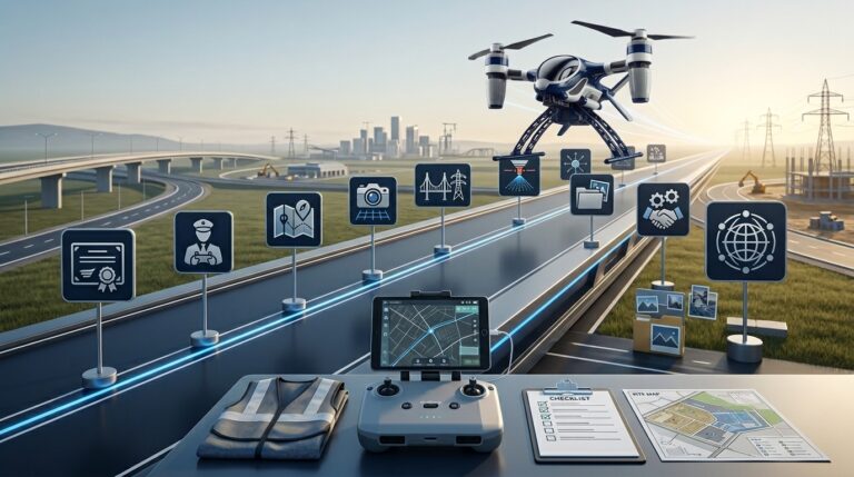Professional drone pilot career roadmap for 2026 showing a drone, flight planning, mapping, inspections, and enterprise drone operations.