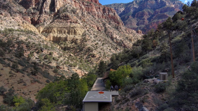 Wingtra drone launching below the rim of the Grand Canyon during a commercial infrastructure mapping operation.