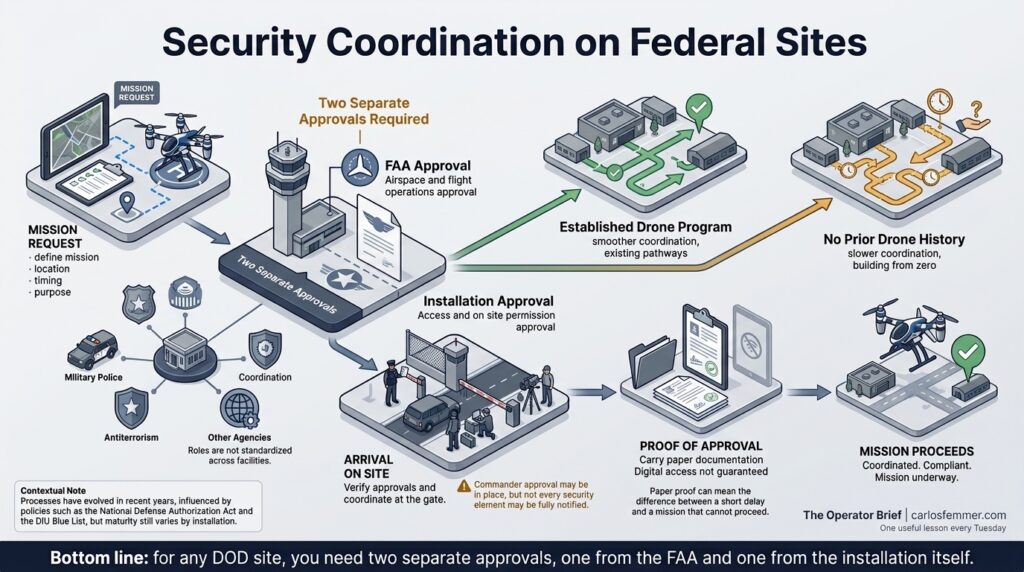 Infographic showing security coordination for drone operations on federal and Department of Defense sites, including FAA approval, installation approval, on site verification, and proof of authorization.