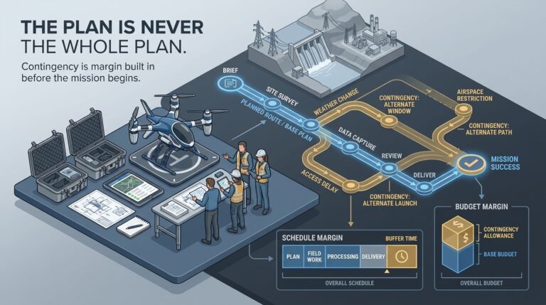 The Plan Is Never the Whole Plan infographic showing contingency planning for commercial drone missions, including weather, airspace, access, schedule, and budget margin.