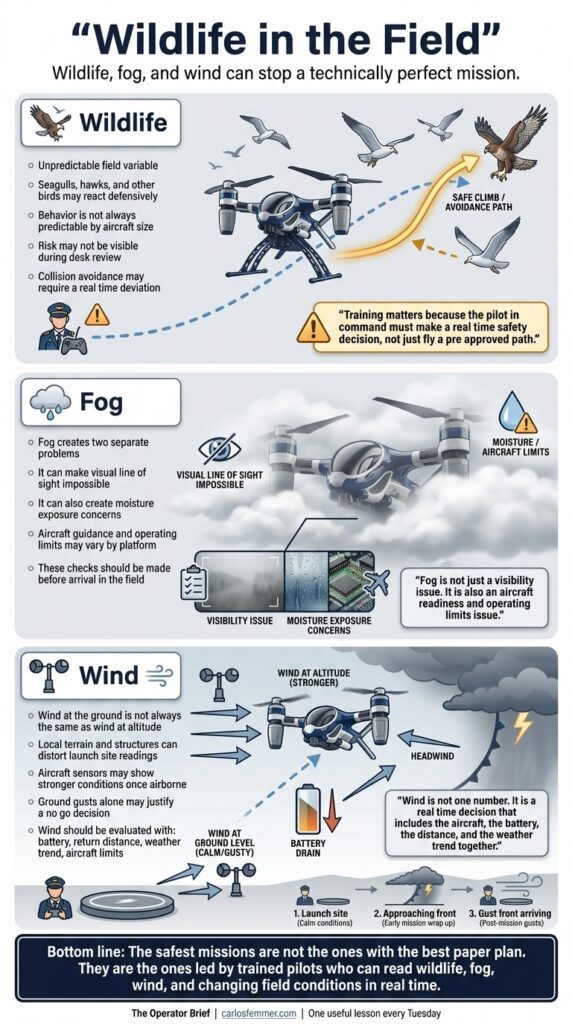 Infographic showing how wildlife, fog, and wind can affect professional drone operations, including bird avoidance, visual line of sight, moisture concerns, wind at altitude, battery drain, and real time pilot decision making.