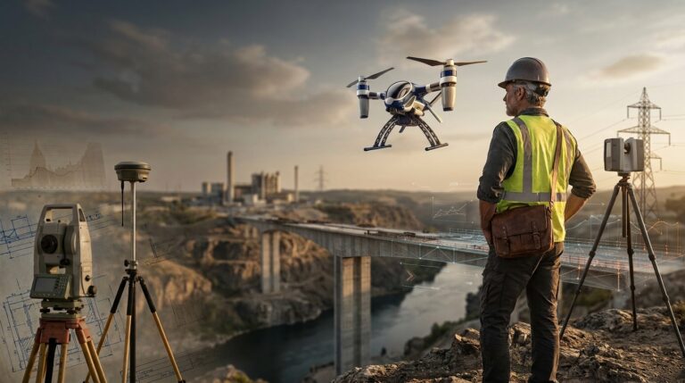 Professional surveyor overlooking infrastructure with a drone, GNSS equipment, LiDAR scanner, and digital data overlays representing the evolution of technology and professional judgment.